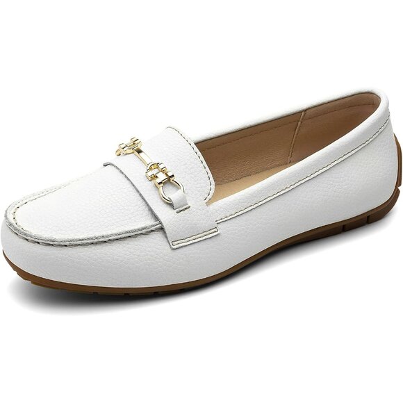 Kordal Women's White Leather Gold Accent Buckle Slip-Ons Walking Flats Loafers - Picture 2 of 9